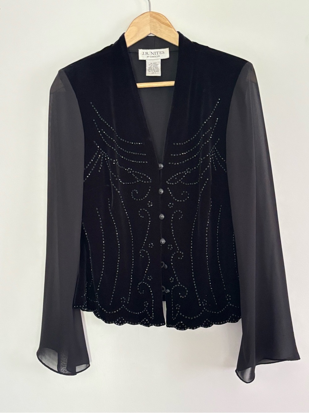 JR Nites Carol Lin Vintage Velvet Formal Button Top Jacket Beaded Sheer Size 8